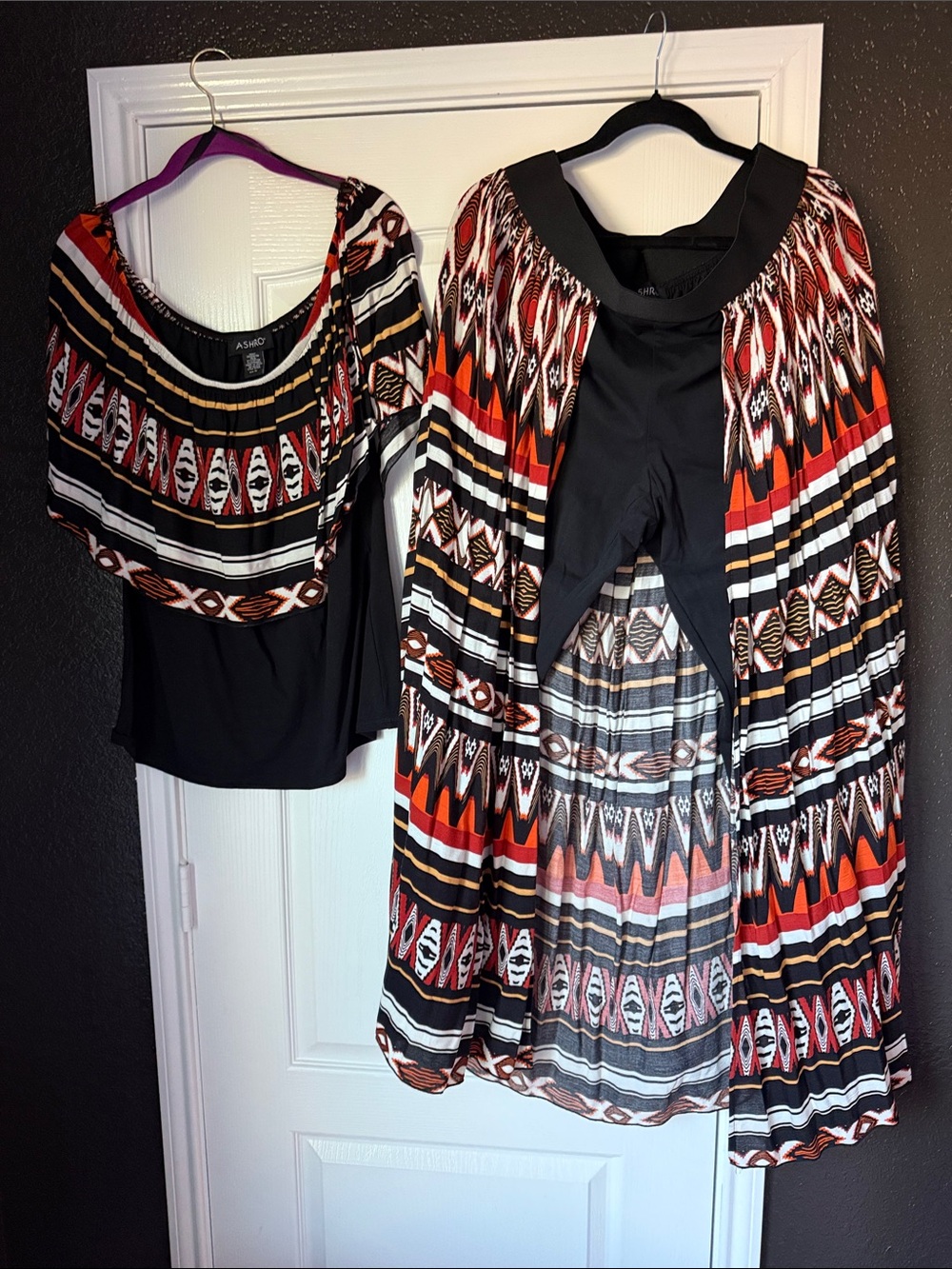 Ashro Black Top with Red, Orange & Cream Aztec Stripe